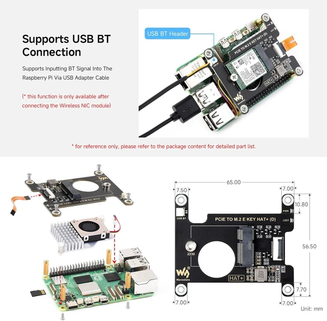 Alt view image 5 of 5 - Waveshare PCIe to M.2 E Key HAT (D) for Raspberry Pi 5, Compatible with Various NGFF (M.2 E Key) Wireless NIC, Supports USB Bluetooth Connection