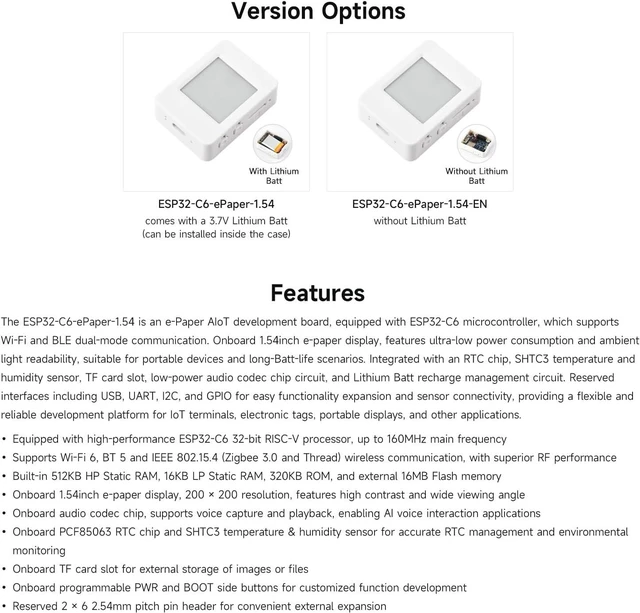 Alt view image 4 of 7 - Waveshare ESP32-C6 1.54inch e-Paper AIoT Development Board, 200 × 200 Resolution, Supports Wi-Fi, BLE 5, and Online LLM Platforms
