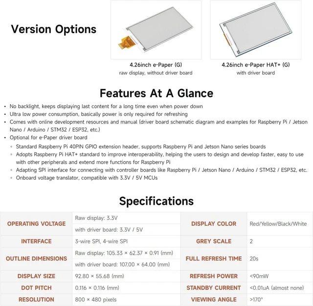 Alt view image 4 of 7 - Waveshare 4.26inch E-Paper Display (G), 800 × 480 Resolution, Red/Yellow/Black/White, SPI Communication Interface, Standard Raspberry Pi 40PIN GPIO Header