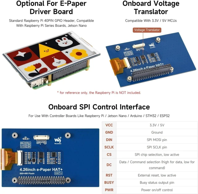 Alt view image 6 of 7 - Waveshare 4.26inch E-Paper Display (G), 800 × 480 Resolution, Red/Yellow/Black/White, SPI Communication Interface, Standard Raspberry Pi 40PIN GPIO Header
