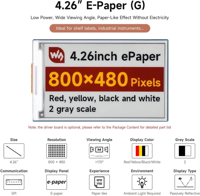 Alt view image 3 of 7 - Waveshare 4.26inch E-Paper Display (G), 800 × 480 Resolution, Red/Yellow/Black/White, SPI Communication Interface, Standard Raspberry Pi 40PIN GPIO Header
