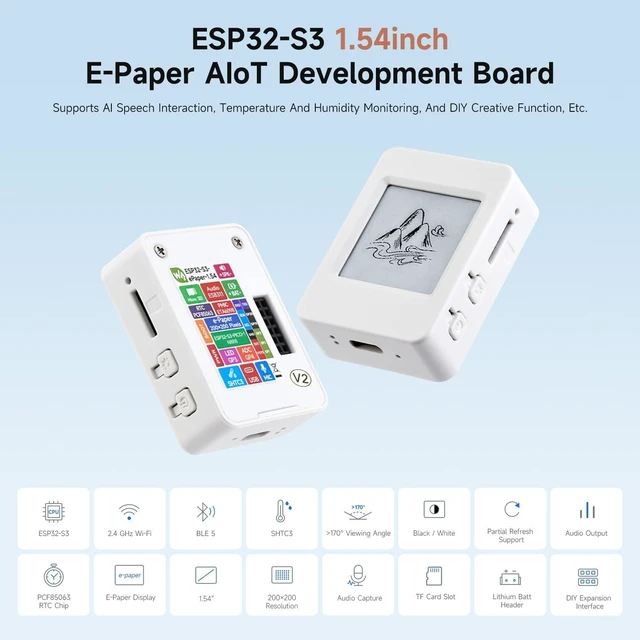 Alt view image 3 of 7 - Waveshare ESP32-S3 1.54inch e-Paper AIoT Development Board, 200 × 200, Black/White, Supports Wi-Fi and BLE Dual-Mode Communication, with Touch Function, NO BAT