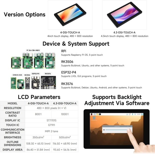 Alt view image 4 of 7 - waveshare 4inch DSI Capacitive Touch Display, Compatible with RPi 3A+/3B+/4B/5 480 × 800, IPS Display Panel, 5-Point Touch, Optical Bonding Toughened Glass Panel