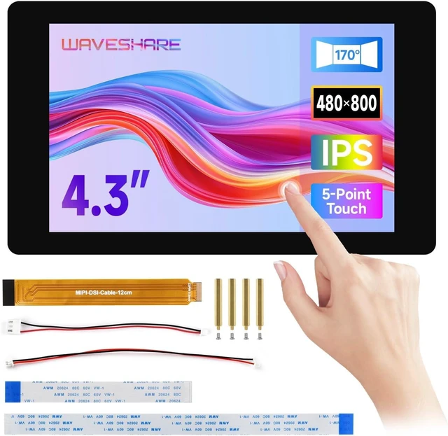 Main image of waveshare 4.3inch DSI Capacitive Touch Display, Compatible with RPi 3A+/3B+/4B/5 480 × 800, IPS Display Panel, 5-Point Touch, Optical Bonding Toughened Glass Panel