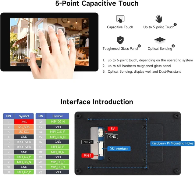 Alt view image 7 of 7 - waveshare 4inch DSI Capacitive Touch Display, Compatible with RPi 3A+/3B+/4B/5 480 × 800, IPS Display Panel, 5-Point Touch, Optical Bonding Toughened Glass Panel