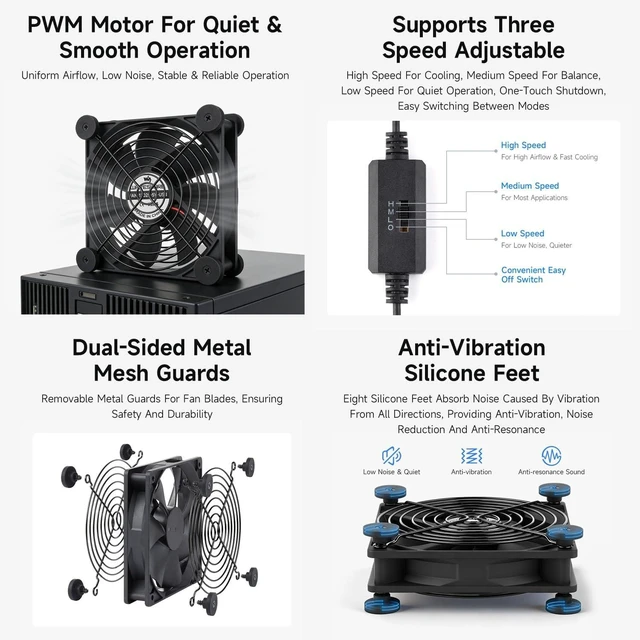 Alt view image 4 of 6 - Waveshare USB 5V 120mm Quiet Cooling Fan, 3-Speed Adjustable, PWM Control, High Airflow, Anti-Vibration Design, Compatible with Multiple Devices, Dual Fans and USB-A Cable