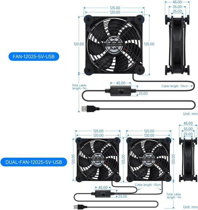 Alt view image 6 of 6 - Waveshare USB 5V 120mm Quiet Cooling Fan, 3-Speed Adjustable, PWM Control, High Airflow, Anti-Vibration Design, Compatible with Multiple Devices, Dual Fans and USB-A Cable