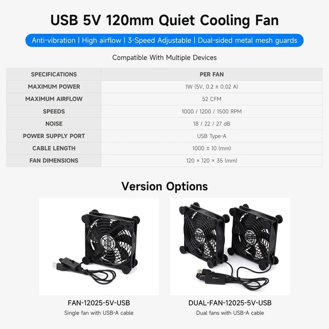 Alt view image 3 of 6 - Waveshare USB 5V 120mm Quiet Cooling Fan, 3-Speed Adjustable, PWM Control, High Airflow, Anti-Vibration Design, Compatible with Multiple Devices, Dual Fans and USB-A Cable