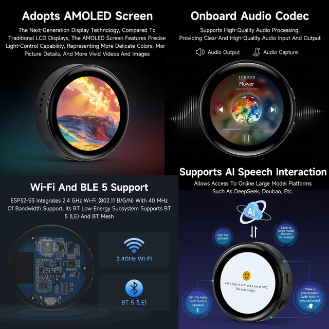 Alt view image 6 of 7 - Waveshare ESP32-S3 1.43inch AMOLED Round Touch Display Development Board, 466 × 466, Supports AI Speech Interaction and Online LLM Platforms, Dual-core Processsor and 240MHz Frenquency, NO BAT