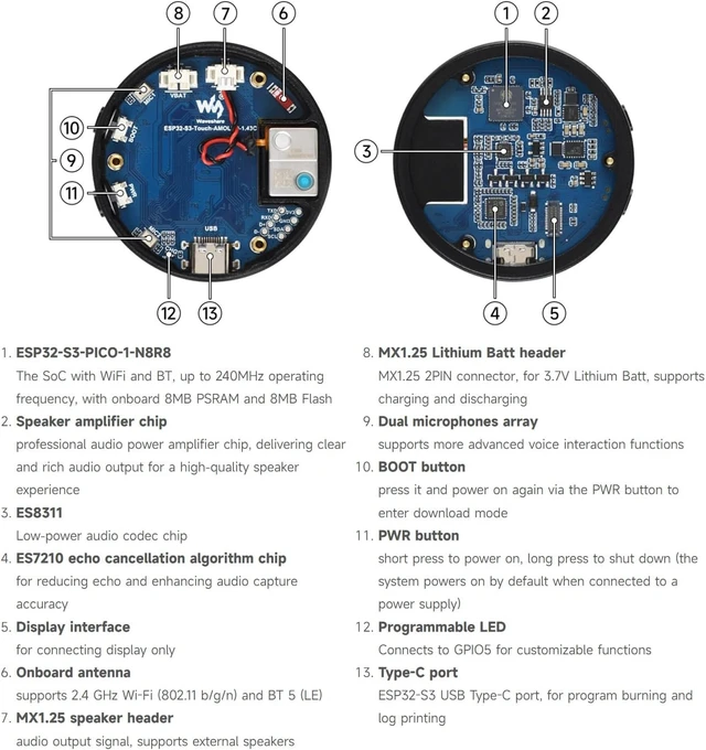 Alt view image 7 of 7 - Waveshare ESP32-S3 1.43inch AMOLED Round Touch Display Development Board, 466 × 466, Supports AI Speech Interaction and Online LLM Platforms, Dual-core Processsor and 240MHz Frenquency, NO BAT