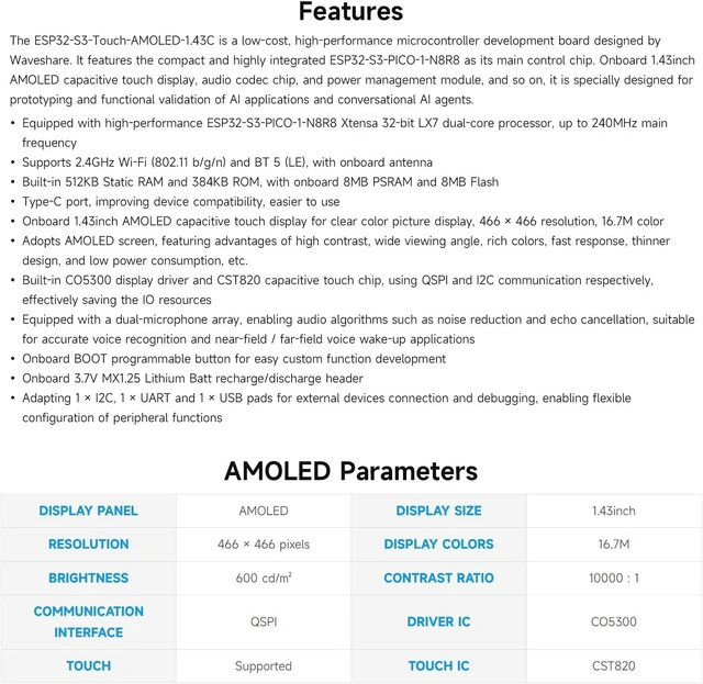 Alt view image 4 of 7 - Waveshare ESP32-S3 1.43inch AMOLED Round Touch Display Development Board, 466 × 466, Supports AI Speech Interaction and Online LLM Platforms, Dual-core Processsor and 240MHz Frenquency, NO BAT