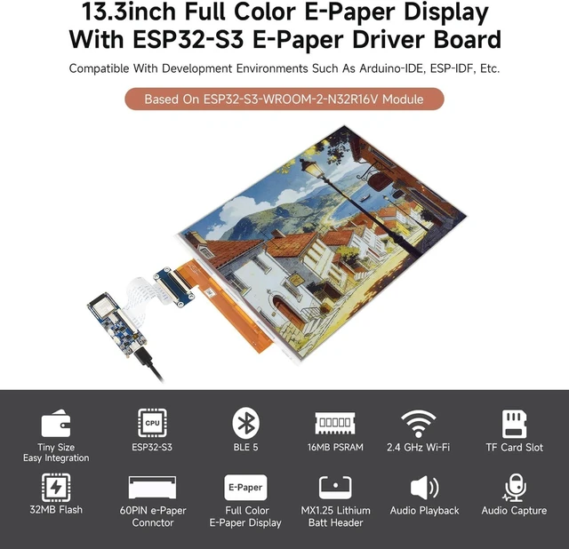 Alt view image 3 of 7 - Waveshare 13.3inch Full Color E-Paper Display with ESP32-S3 E-Paper Driver Board, Adopts E Ink Spectra 6 (E6) Technology, Onboard Audio Codec Chip, WiFi & Bluetooth Support