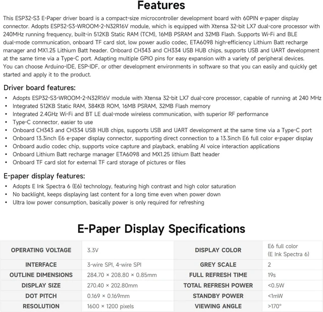 Alt view image 4 of 7 - Waveshare 13.3inch Full Color E-Paper Display with ESP32-S3 E-Paper Driver Board, Adopts E Ink Spectra 6 (E6) Technology, Onboard Audio Codec Chip, WiFi & Bluetooth Support
