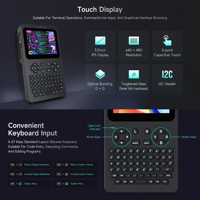 Alt view image 5 of 7 - Waveshare Portable Handheld Linux Terminal with 3.5inch Touch Display, 640 × 480, Optical Bonding, Compatible with Pi 4B/5 Portable Development and Debugging Devices, PocketTerm35-Pi4 Host