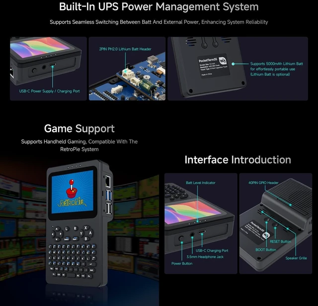Alt view image 6 of 7 - Waveshare Portable Handheld Linux Terminal with 3.5inch Touch Display, 640 × 480, Optical Bonding, Compatible with Pi 4B/5 Portable Development and Debugging Devices, PocketTerm35-Pi4 Host