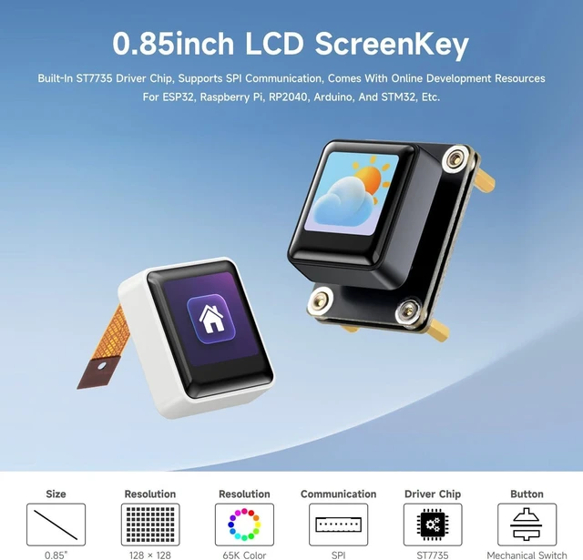 Alt view image 3 of 7 - Waveshare 0.85inch Mechanical LCD ScreenKey, IPS Panel, 128 × 128 Resolution, 65K Color, SPI Communication Interface, Comes with Keycap+Switch+PCB Module, Black