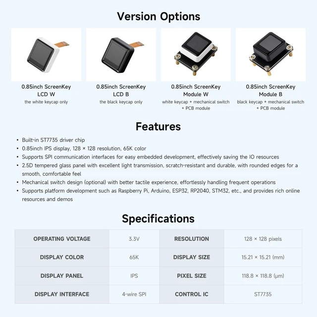 Alt view image 4 of 7 - Waveshare 0.85inch Mechanical LCD ScreenKey, IPS Panel, 128 × 128 Resolution, 65K Color, SPI Communication Interface, Comes with Keycap+Switch+PCB Module, Black