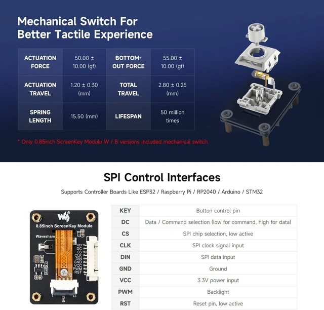 Alt view image 5 of 7 - Waveshare 0.85inch Mechanical LCD ScreenKey, IPS Panel, 128 × 128 Resolution, 65K Color, SPI Communication Interface, Comes with Keycap+Switch+PCB Module, Black
