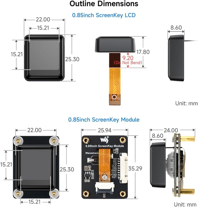 Alt view image 7 of 7 - Waveshare 0.85inch Mechanical LCD ScreenKey, IPS Panel, 128 × 128 Resolution, 65K Color, SPI Communication Interface, Comes with Keycap+Switch+PCB Module, Black