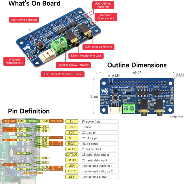 Alt view image 5 of 5 - Waveshare DA7212 I2S Audio Board Compatible with Raspberry Pi Series Boards, Stereo Encoding/Decoding, Onboard Dual Microphones