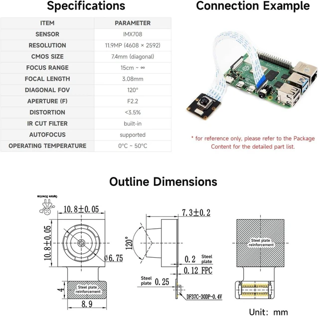 Alt view image 4 of 4 - Waveshare IMX708-120 Camera Sensor Module, 120° FOV, Supports Autofocus, Compatible with the Raspberry Pi Camera Module 3 Baseboard