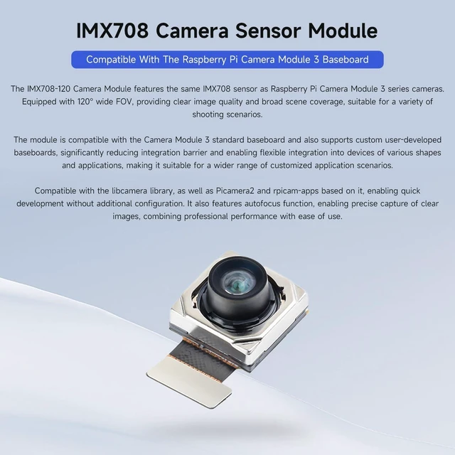 Alt view image 3 of 4 - Waveshare IMX708-120 Camera Sensor Module, 120° FOV, Supports Autofocus, Compatible with the Raspberry Pi Camera Module 3 Baseboard
