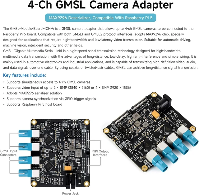 Alt view image 3 of 4 - Waveshare 4-Ch GMSL Camera Adapter Board, Equipped with MAX9296 Deserializer, High-Speed and Low-Latency Serial Transmission, Compatible with Raspberry Pi 5