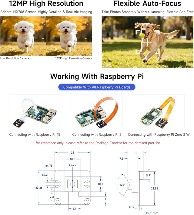 Alt view image 4 of 4 - IMX708 12MP High Resolution Autofocus Camera, 120° FOV, Compatible with Raspberry Pi Series Boards