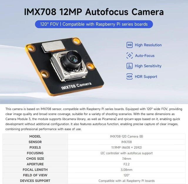 Alt view image 3 of 4 - IMX708 12MP High Resolution Autofocus Camera, 120° FOV, Compatible with Raspberry Pi Series Boards