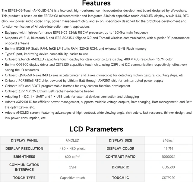 Alt view image 4 of 7 - ESP32-C6 2.16inch AMOLED Display Touch Screen Development Board, 480 × 480 Resolution, 16.7M Color, Supports Dual Microphones, Wi-Fi 6 and BLE 5