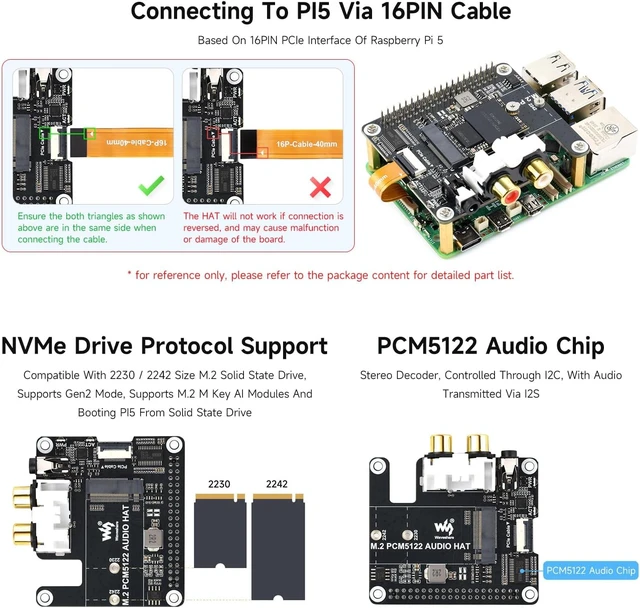 Alt view image 4 of 6 - Waveshare PCIe to M.2 HAT with I2S Audio Extensio, Compatible with RPi, Supports NVMe Protocol Solid State Drive, Onboard 3.5mm Headphone Jack and RCA Connector, Driver-Free