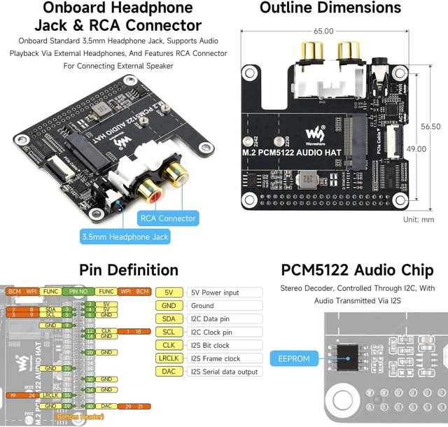 Alt view image 6 of 6 - Waveshare PCIe to M.2 HAT with I2S Audio Extensio, Compatible with RPi, Supports NVMe Protocol Solid State Drive, Onboard 3.5mm Headphone Jack and RCA Connector, Driver-Free