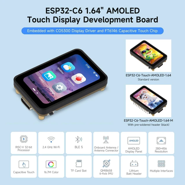 Alt view image 3 of 7 - Waveshare ESP32-C6 1.64inch AMOLED Touch Display Development Board, 280 × 456 Resolution, 16.7M Color, QSPI Interface, Supports Wi-Fi 6 and BLE 5