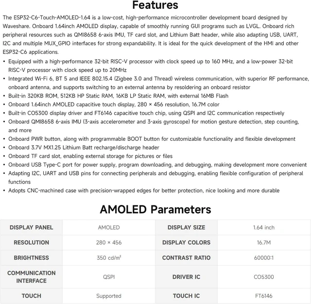 Alt view image 4 of 7 - Waveshare ESP32-C6 1.64inch AMOLED Touch Display Development Board, 280 × 456 Resolution, 16.7M Color, QSPI Interface, Supports Wi-Fi 6 and BLE 5