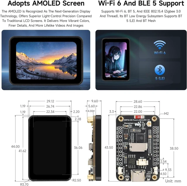 Alt view image 6 of 7 - Waveshare ESP32-C6 1.64inch AMOLED Touch Display Development Board, 280 × 456 Resolution, 16.7M Color, QSPI Interface, Supports Wi-Fi 6 and BLE 5