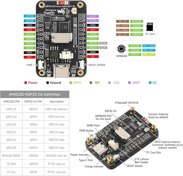 Alt view image 7 of 7 - Waveshare ESP32-C6 1.64inch AMOLED Touch Display Development Board, 280 × 456 Resolution, 16.7M Color, QSPI Interface, Supports Wi-Fi 6 and BLE 5