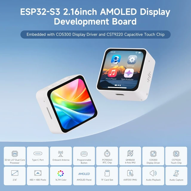 Alt view image 3 of 7 - Waveshare ESP32-S3 2.16inch AMOLED Display Development Board, 480 × 480 Resolution, 16.7M Color, Supports Dual Microphones, 2.4GHz Wi-Fi and BLE 5