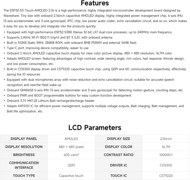 Alt view image 4 of 7 - Waveshare ESP32-S3 2.16inch AMOLED Display Development Board, 480 × 480 Resolution, 16.7M Color, Supports Dual Microphones, 2.4GHz Wi-Fi and BLE 5