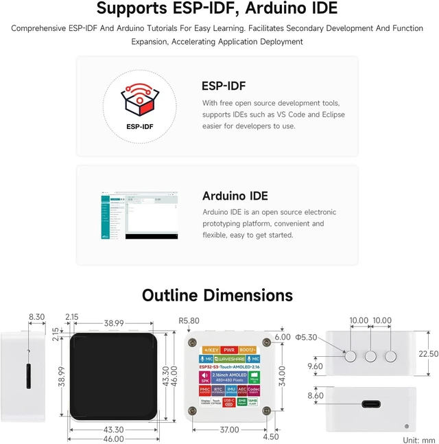 Alt view image 7 of 7 - Waveshare ESP32-S3 2.16inch AMOLED Display Development Board, 480 × 480 Resolution, 16.7M Color, Supports Dual Microphones, 2.4GHz Wi-Fi and BLE 5