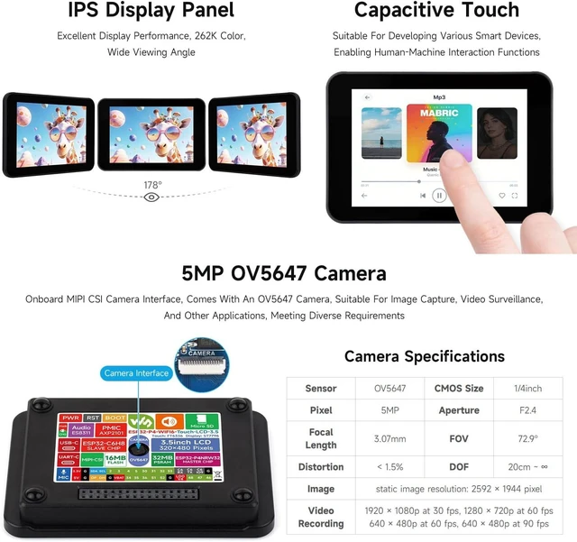 Alt view image 5 of 7 - Waveshare ESP32-P4-WIFI6 3.5inch Smart Vision Development Board, 320 × 480 Resolution, Equipped with OV5647 5MP Camera, Built-in Microphone and Speaker, Supports Wi-Fi 6 and BLE 5
