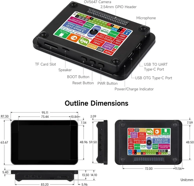 Alt view image 7 of 7 - Waveshare ESP32-P4-WIFI6 3.5inch Smart Vision Development Board, 320 × 480 Resolution, Equipped with OV5647 5MP Camera, Built-in Microphone and Speaker, Supports Wi-Fi 6 and BLE 5