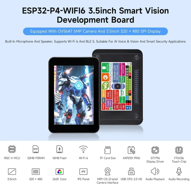 Alt view image 3 of 7 - Waveshare ESP32-P4-WIFI6 3.5inch Smart Vision Development Board, 320 × 480 Resolution, Equipped with OV5647 5MP Camera, Built-in Microphone and Speaker, Supports Wi-Fi 6 and BLE 5