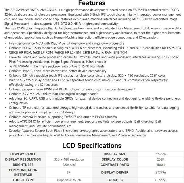 Alt view image 4 of 7 - Waveshare ESP32-P4-WIFI6 3.5inch Smart Vision Development Board, 320 × 480 Resolution, Equipped with OV5647 5MP Camera, Built-in Microphone and Speaker, Supports Wi-Fi 6 and BLE 5