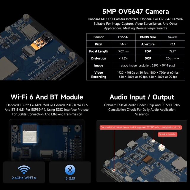 Alt view image 6 of 7 - Waveshare ESP32-P4-WIFI6 5inch Development Board, 720 × 1280 Resolution, 5-Point Touch, Onboard Audio codec chip, Supports Wi-Fi 6 and BLE 5