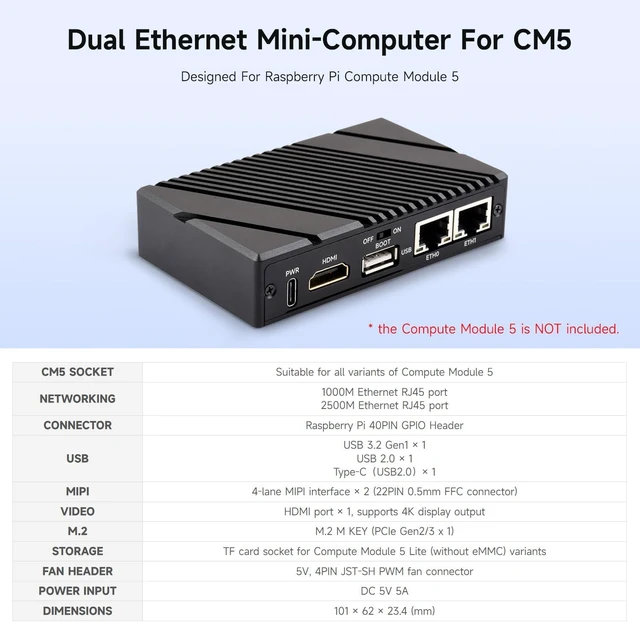 Alt view image 3 of 7 - Waveshare Giga-bit / 2.5G Dual Ethernet Mini-Computer (B), Compatible with Pi CM5, Dual RJ45 Ethernet Ports, Supports 4K Display Output and Dual MIPI Interfaces, Onboard 40Pin GPIO Header