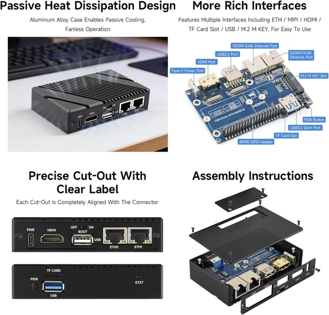 Alt view image 5 of 7 - Waveshare Giga-bit / 2.5G Dual Ethernet Mini-Computer (B), Compatible with Pi CM5, Dual RJ45 Ethernet Ports, Supports 4K Display Output and Dual MIPI Interfaces, Onboard 40Pin GPIO Header