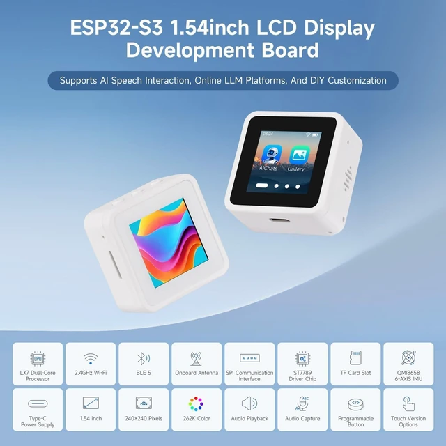Alt view image 3 of 7 - Waveshare ESP32-S3 1.54inch LCD Display Development Board, 240 × 240 Resolution, 262K Color, Supports Dual Microphones, 2.4GHz Wi-Fi and BLE 5, with Touch Function, no BAT