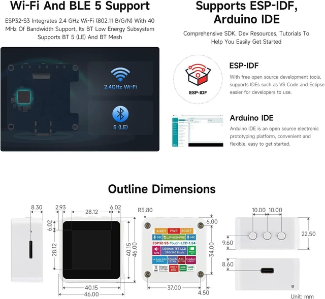 Alt view image 7 of 7 - Waveshare ESP32-S3 1.54inch LCD Display Development Board, 240 × 240 Resolution, 262K Color, Supports Dual Microphones, 2.4GHz Wi-Fi and BLE 5, with Touch Function, no BAT