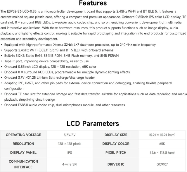 Alt view image 4 of 7 - Waveshare ESP32-S3 0.85inch LCD Display Development Board, 128 × 128 Resolution, Onboard Dual Microphones Array and Surround RGB LEDs, Supports 2.4GHz Wi-Fi and BLE 5, no BAT