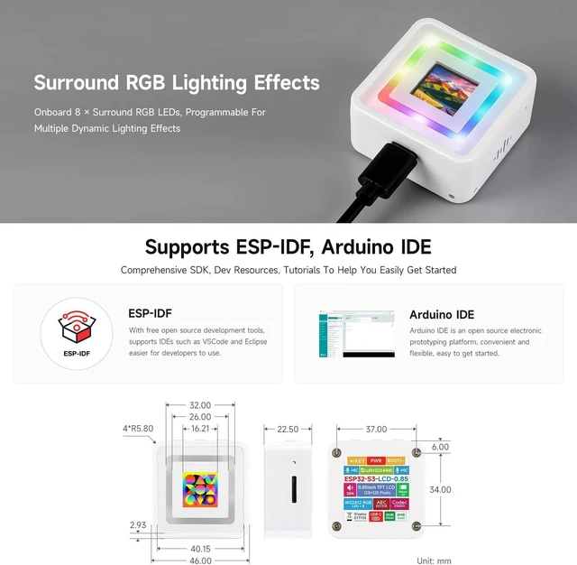 Alt view image 6 of 7 - Waveshare ESP32-S3 0.85inch LCD Display Development Board, 128 × 128 Resolution, Onboard Dual Microphones Array and Surround RGB LEDs, Supports 2.4GHz Wi-Fi and BLE 5, no BAT